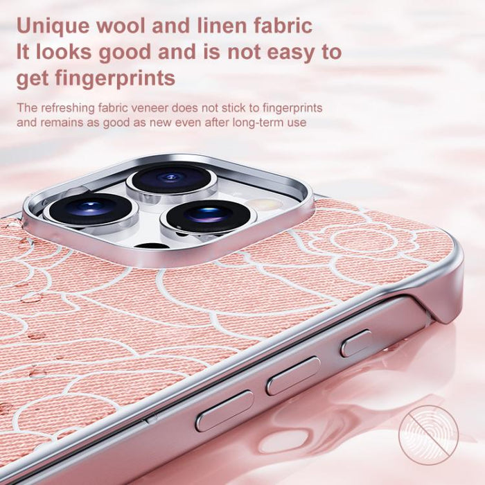 Funda magnética para teléfono de media cobertura, confeccionada en tela de lino con estampado de flores de camelia en relieve., For iPhone 17 Pro Max, For iPhone 17 Pro, For iPhone 17, For iPhone 16 Pro Max, For iPhone 16 Pro, For iPhone 16 Plus       ...