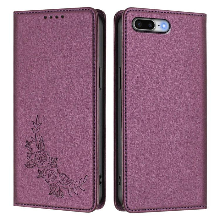 Funda para teléfono de piel vegana magnética RFID con relieve de peonía, For iPhone 8 Plus / 7 Plus