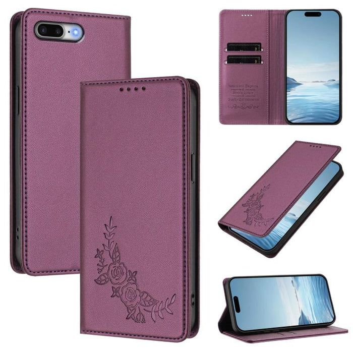 Funda para teléfono de piel vegana magnética RFID con relieve de peonía, For iPhone 8 Plus / 7 Plus
