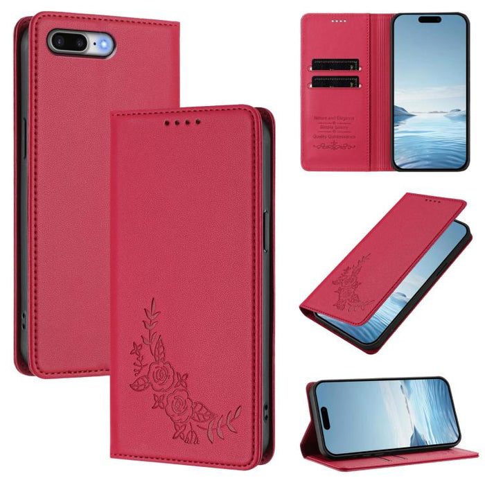 Funda para teléfono de piel vegana magnética RFID con relieve de peonía, For iPhone 8 Plus / 7 Plus