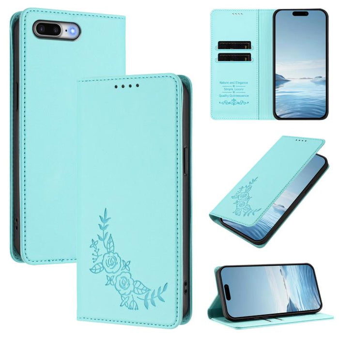 Funda para teléfono de piel vegana magnética RFID con relieve de peonía, For iPhone 8 Plus / 7 Plus