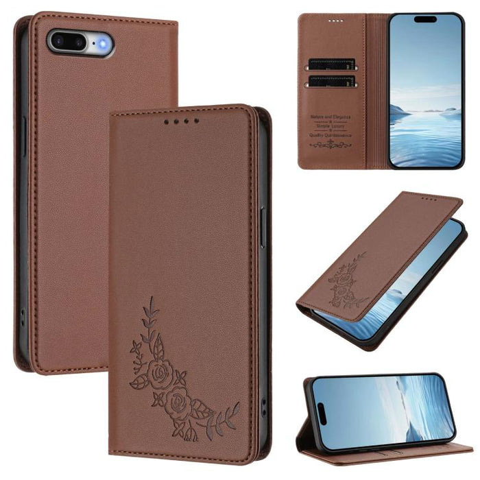 Funda para teléfono de piel vegana magnética RFID con relieve de peonía, For iPhone 8 Plus / 7 Plus