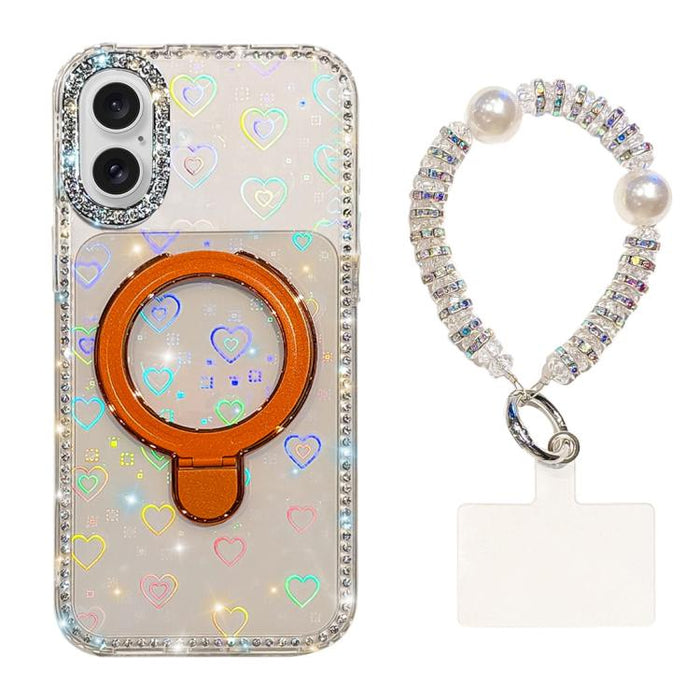 Funda para teléfono IMD de doble cara con soporte magnético de diamantes de imitación y resistente a los golpes, con pulsera., For iPhone 17 Pro Max, For iPhone 17 Pro, For iPhone 17, For iPhone Air, For iPhone 16 Pro Max, For iPhone 16 Pro            ...