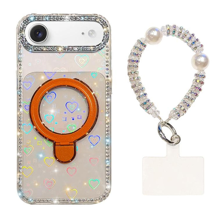 Funda para teléfono IMD de doble cara con soporte magnético de diamantes de imitación y resistente a los golpes, con pulsera., For iPhone 17 Pro Max, For iPhone 17 Pro, For iPhone 17, For iPhone Air, For iPhone 16 Pro Max, For iPhone 16 Pro            ...