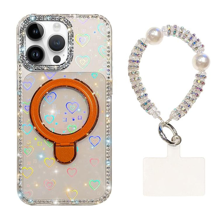 Funda para teléfono IMD de doble cara con soporte magnético de diamantes de imitación y resistente a los golpes, con pulsera., For iPhone 17 Pro Max, For iPhone 17 Pro, For iPhone 17, For iPhone Air, For iPhone 16 Pro Max, For iPhone 16 Pro            ...