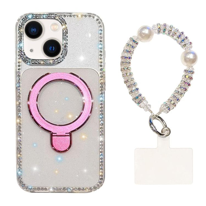 Funda para teléfono IMD de doble cara con soporte magnético de diamantes de imitación y resistente a los golpes, con pulsera., For iPhone 15, For iPhone 14, For iPhone 14 Pro, For iPhone 14 Pro Max, For iPhone 13 Pro Max, For iPhone 13 Pro, For iPhone 13