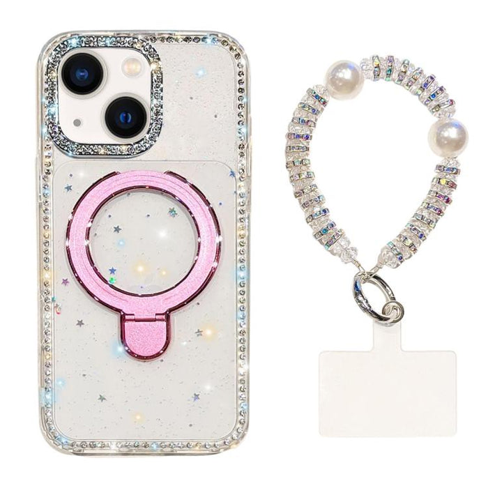 Funda para teléfono IMD de doble cara con soporte magnético de diamantes de imitación y resistente a los golpes, con pulsera., For iPhone 15, For iPhone 14, For iPhone 14 Pro, For iPhone 14 Pro Max, For iPhone 13 Pro Max, For iPhone 13 Pro, For iPhone 13