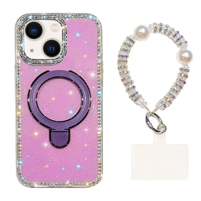 Funda para teléfono IMD de doble cara con soporte magnético de diamantes de imitación y resistente a los golpes, con pulsera., For iPhone 15, For iPhone 14, For iPhone 14 Pro, For iPhone 14 Pro Max, For iPhone 13 Pro Max, For iPhone 13 Pro, For iPhone 13