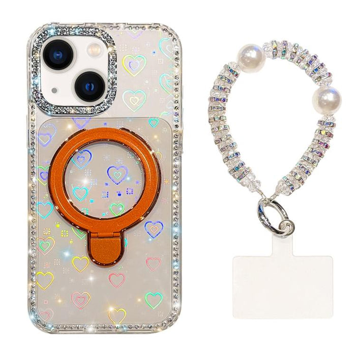Funda para teléfono IMD de doble cara con soporte magnético de diamantes de imitación y resistente a los golpes, con pulsera., For iPhone 15, For iPhone 14, For iPhone 14 Pro, For iPhone 14 Pro Max, For iPhone 13 Pro Max, For iPhone 13 Pro, For iPhone 13