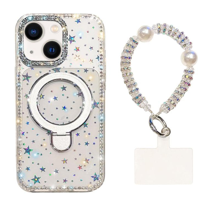 Funda para teléfono IMD de doble cara con soporte magnético de diamantes de imitación y resistente a los golpes, con pulsera., For iPhone 15, For iPhone 14, For iPhone 14 Pro, For iPhone 14 Pro Max, For iPhone 13 Pro Max, For iPhone 13 Pro, For iPhone 13