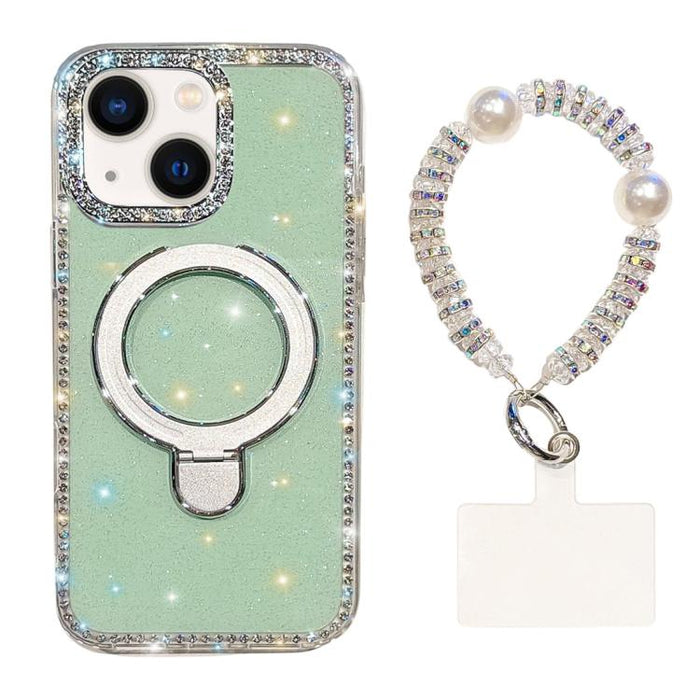 Funda para teléfono IMD de doble cara con soporte magnético de diamantes de imitación y resistente a los golpes, con pulsera., For iPhone 15, For iPhone 14, For iPhone 14 Pro, For iPhone 14 Pro Max, For iPhone 13 Pro Max, For iPhone 13 Pro, For iPhone 13