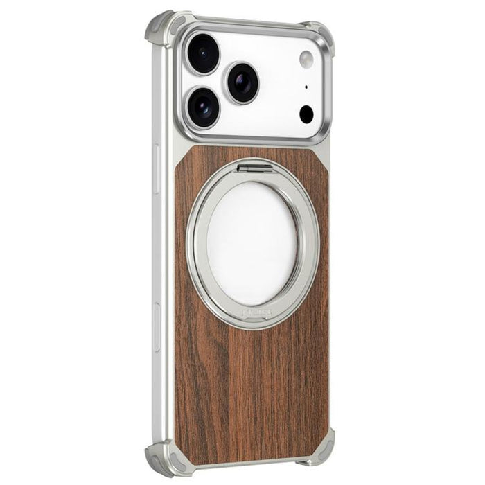 Funda magnética hueca sin marco de madera de nogal con soporte giratorio, For iPhone 17 Pro Max, For iPhone 17 Pro