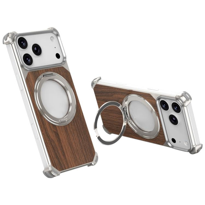 Funda magnética hueca sin marco de madera de nogal con soporte giratorio, For iPhone 17 Pro Max, For iPhone 17 Pro