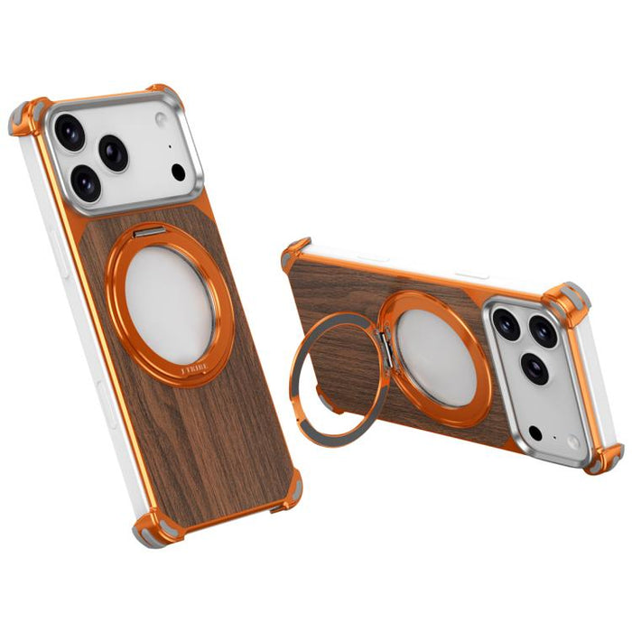 Funda magnética hueca sin marco de madera de nogal con soporte giratorio, For iPhone 17 Pro Max, For iPhone 17 Pro