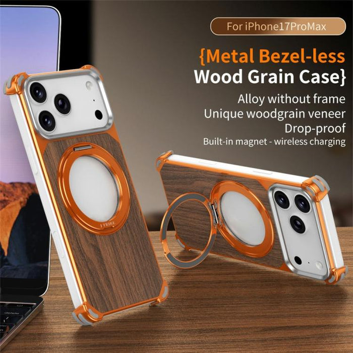 Funda magnética hueca sin marco de madera de nogal con soporte giratorio, For iPhone 17 Pro Max, For iPhone 17 Pro
