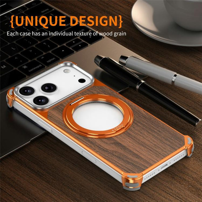 Funda magnética hueca sin marco de madera de nogal con soporte giratorio, For iPhone 17 Pro Max, For iPhone 17 Pro