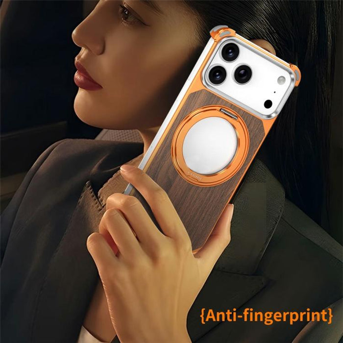 Funda magnética hueca sin marco de madera de nogal con soporte giratorio, For iPhone 17 Pro Max, For iPhone 17 Pro