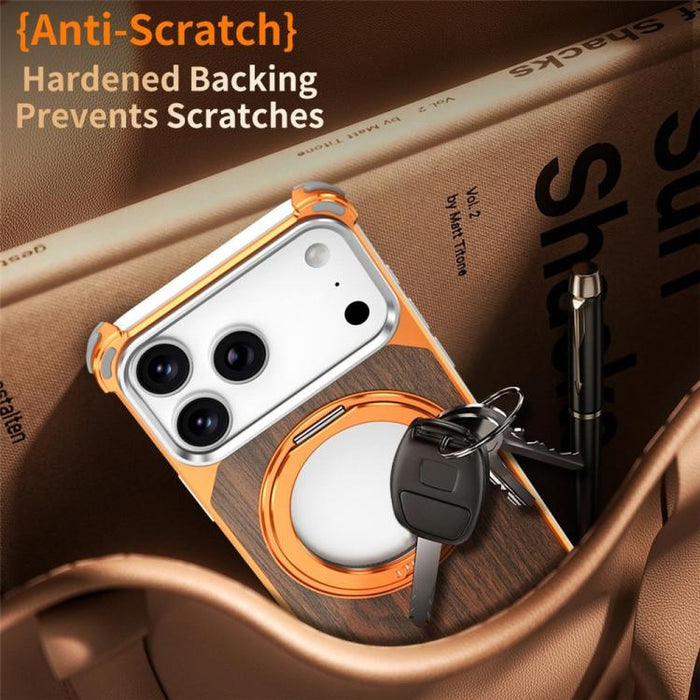 Funda magnética hueca sin marco de madera de nogal con soporte giratorio, For iPhone 17 Pro Max, For iPhone 17 Pro