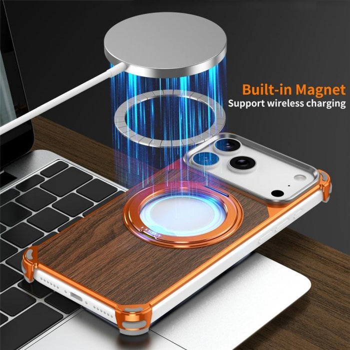 Funda magnética hueca sin marco de madera de nogal con soporte giratorio, For iPhone 17 Pro Max, For iPhone 17 Pro