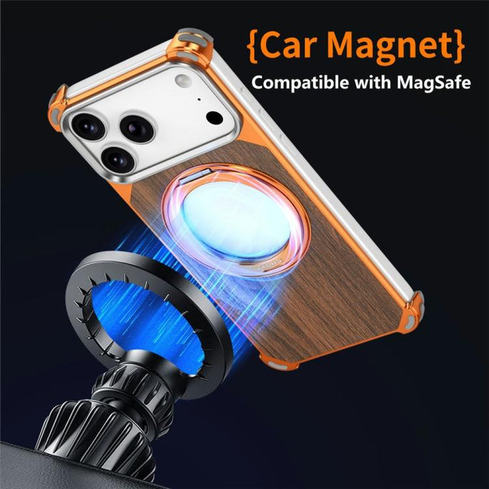 Funda magnética hueca sin marco de madera de nogal con soporte giratorio, For iPhone 17 Pro Max, For iPhone 17 Pro