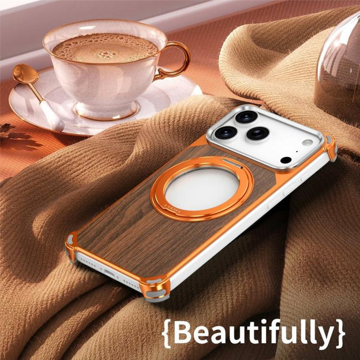 Funda magnética hueca sin marco de madera de nogal con soporte giratorio, For iPhone 17 Pro Max, For iPhone 17 Pro