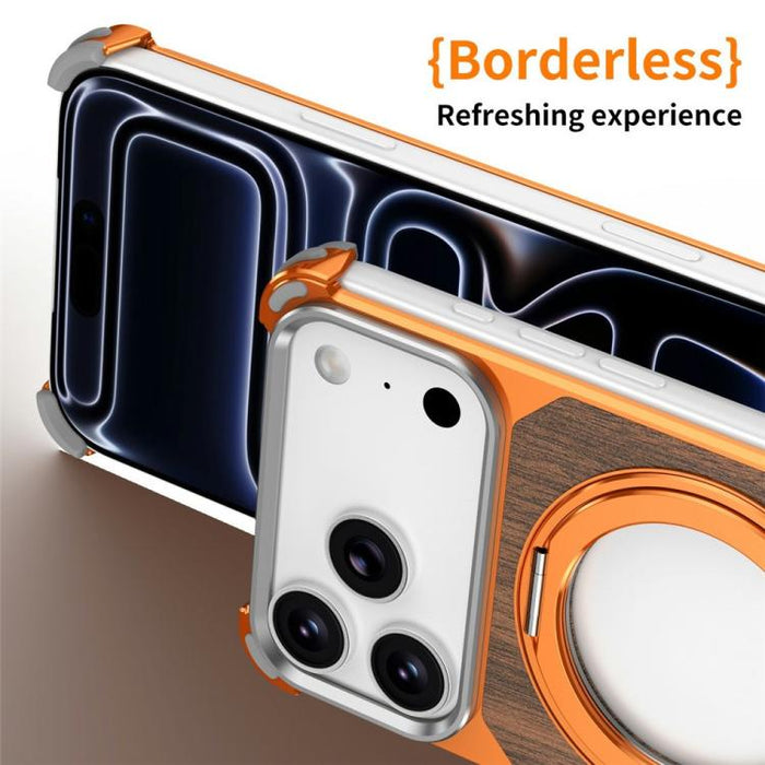 Funda magnética hueca sin marco de madera de nogal con soporte giratorio, For iPhone 17 Pro Max, For iPhone 17 Pro