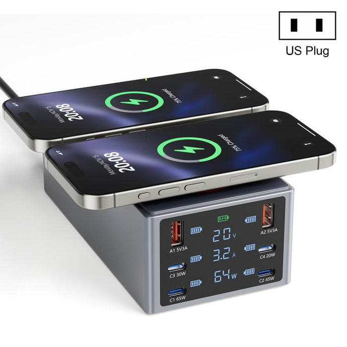 Estación de carga inteligente de escritorio multipuerto de 220 W con función de carga inalámbrica dual de 15 W., AU Plug, EU Plug, UK Plug, US Plug
