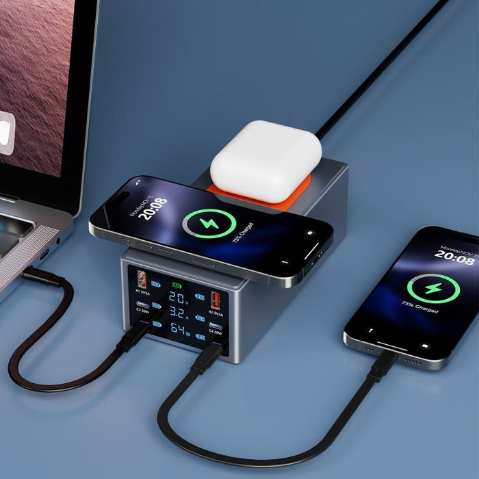 Estación de carga inteligente de escritorio multipuerto de 220 W con función de carga inalámbrica dual de 15 W., AU Plug, EU Plug, UK Plug, US Plug