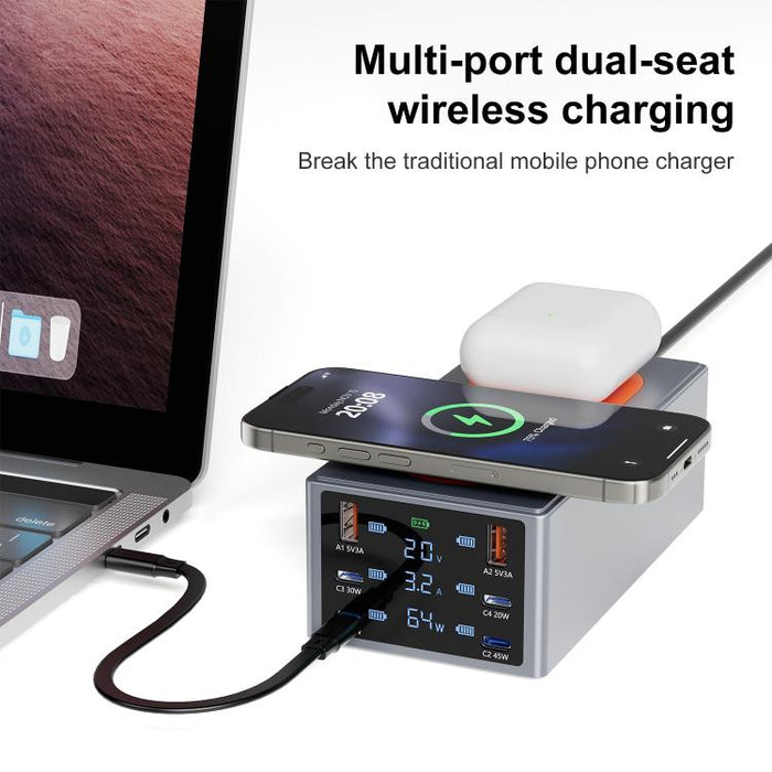 Estación de carga inteligente de escritorio multipuerto de 220 W con función de carga inalámbrica dual de 15 W., AU Plug, EU Plug, UK Plug, US Plug