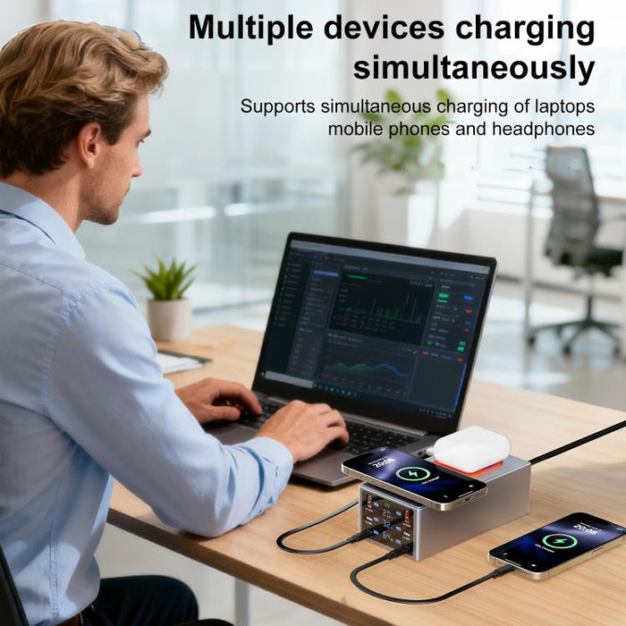 Estación de carga inteligente de escritorio multipuerto de 220 W con función de carga inalámbrica dual de 15 W., AU Plug, EU Plug, UK Plug, US Plug