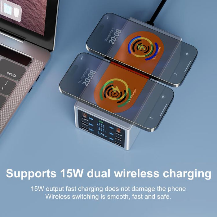 Estación de carga inteligente de escritorio multipuerto de 220 W con función de carga inalámbrica dual de 15 W., AU Plug, EU Plug, UK Plug, US Plug