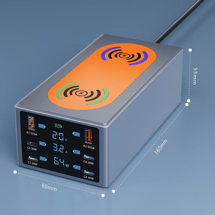 Estación de carga inteligente de escritorio multipuerto de 220 W con función de carga inalámbrica dual de 15 W., AU Plug, EU Plug, UK Plug, US Plug