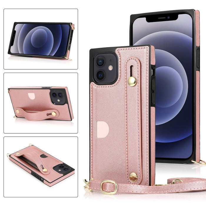 Estuche protector a prueba de golpes PU + TPU con cordón cruzado y soporte y ranura para tarjeta y correa para la muñeca