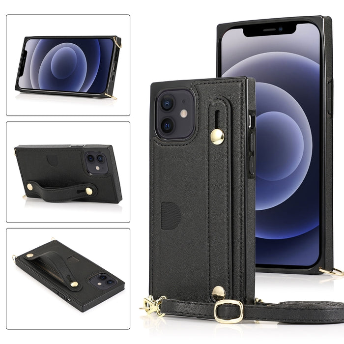 Estuche protector a prueba de golpes PU + TPU con cordón cruzado y soporte y ranura para tarjeta y correa para la muñeca