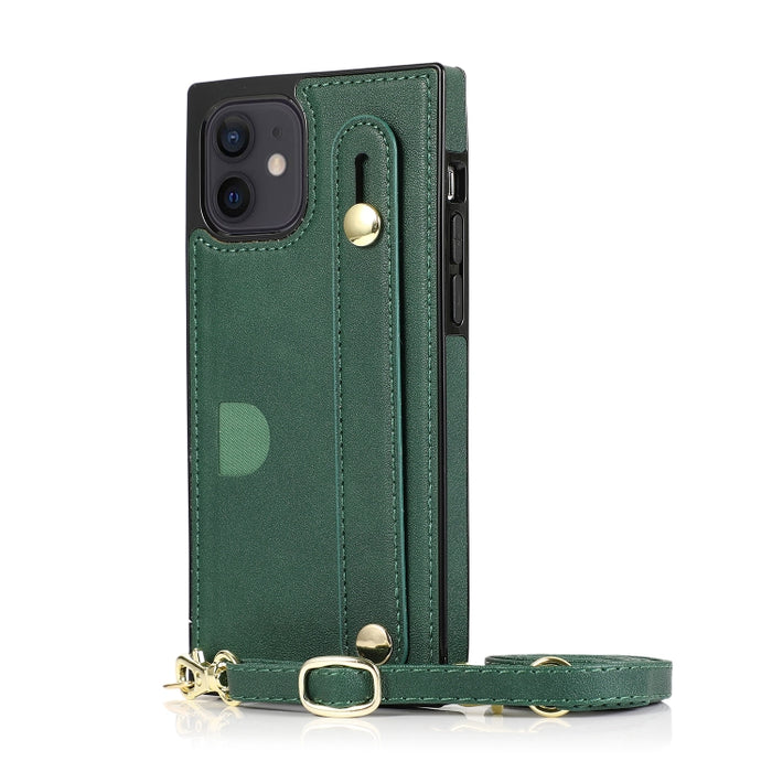 Estuche protector a prueba de golpes PU + TPU con cordón cruzado y soporte y ranura para tarjeta y correa para la muñeca