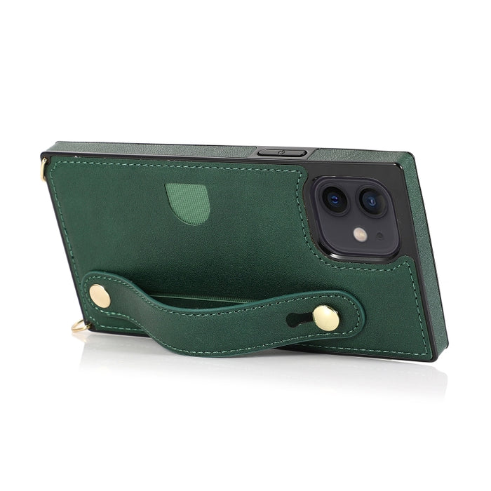 Estuche protector a prueba de golpes PU + TPU con cordón cruzado y soporte y ranura para tarjeta y correa para la muñeca