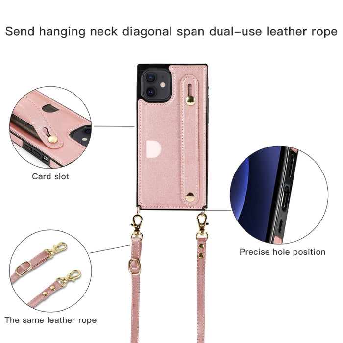 Estuche protector a prueba de golpes PU + TPU con cordón cruzado y soporte y ranura para tarjeta y correa para la muñeca