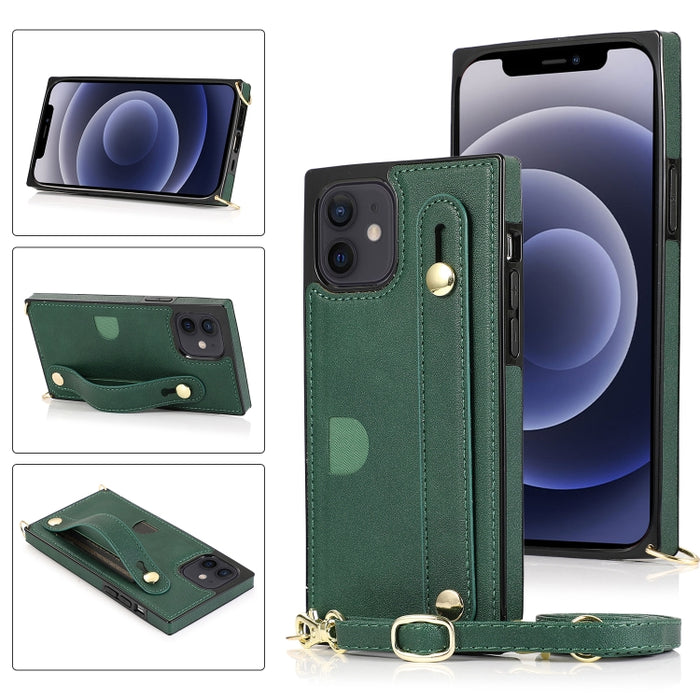 Estuche protector a prueba de golpes PU + TPU con cordón cruzado y soporte y ranura para tarjeta y correa para la muñeca