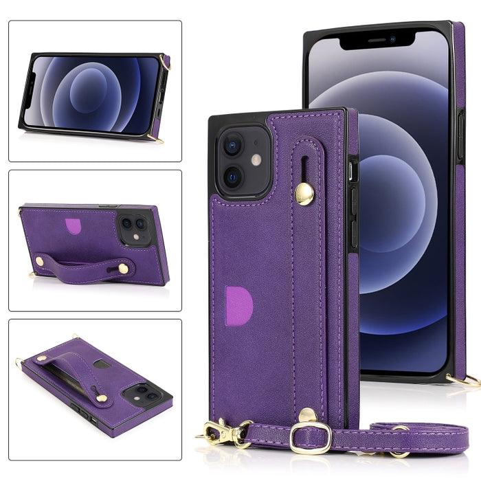 Estuche protector a prueba de golpes PU + TPU con cordón cruzado y soporte y ranura para tarjeta y correa para la muñeca