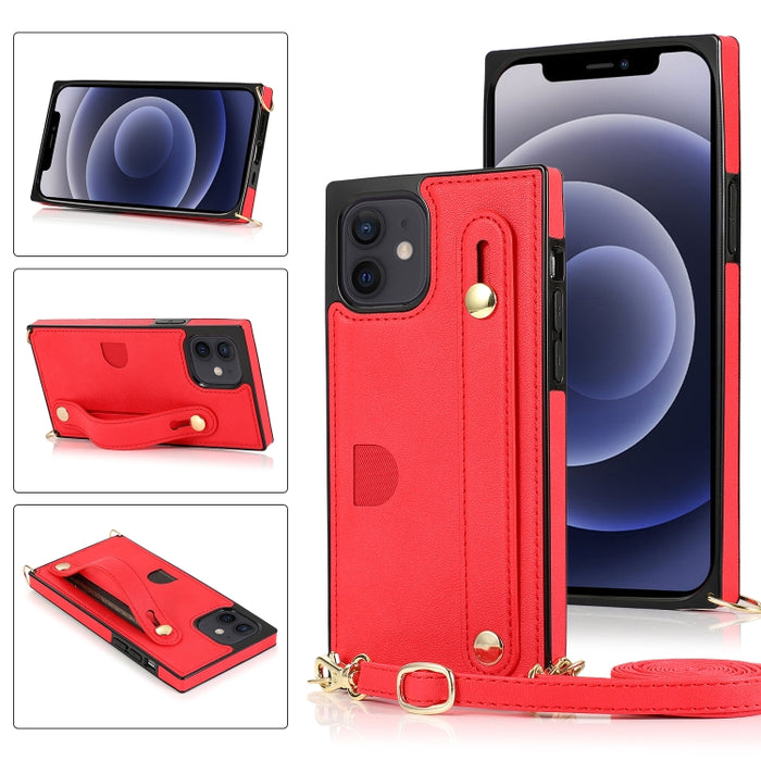 Estuche protector a prueba de golpes PU + TPU con cordón cruzado y soporte y ranura para tarjeta y correa para la muñeca