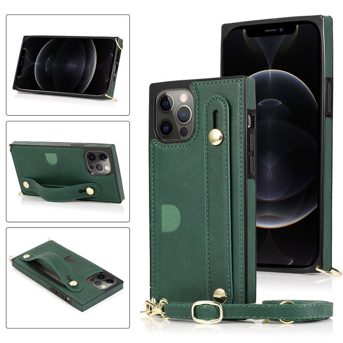 Estuche protector a prueba de golpes PU + TPU con cordón cruzado y soporte y ranura para tarjeta y correa para la muñeca