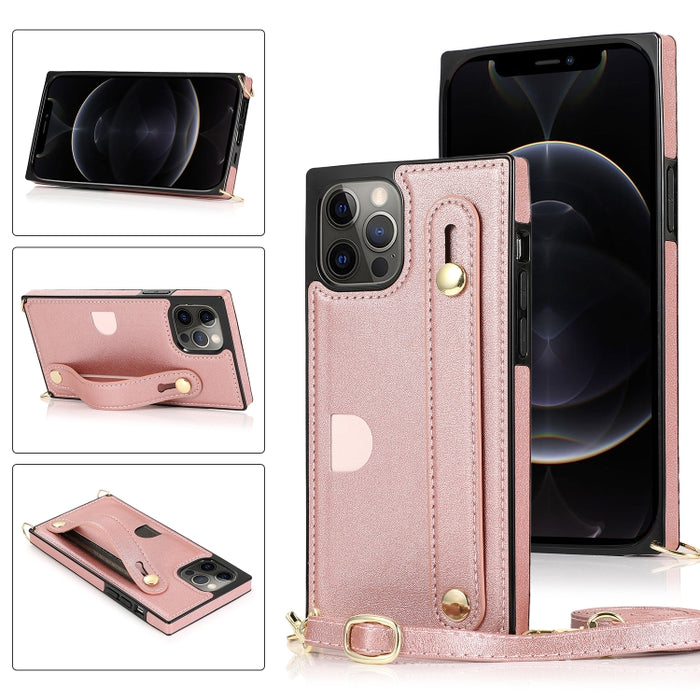 Estuche protector a prueba de golpes PU + TPU con cordón cruzado y soporte y ranura para tarjeta y correa para la muñeca