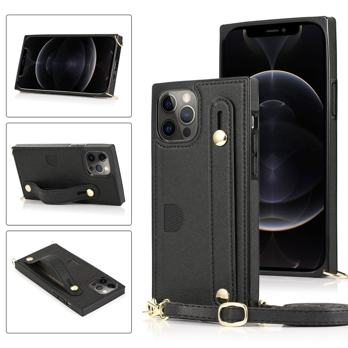 Estuche protector a prueba de golpes PU + TPU con cordón cruzado y soporte y ranura para tarjeta y correa para la muñeca