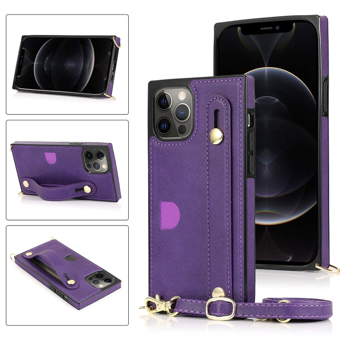 Estuche protector a prueba de golpes PU + TPU con cordón cruzado y soporte y ranura para tarjeta y correa para la muñeca