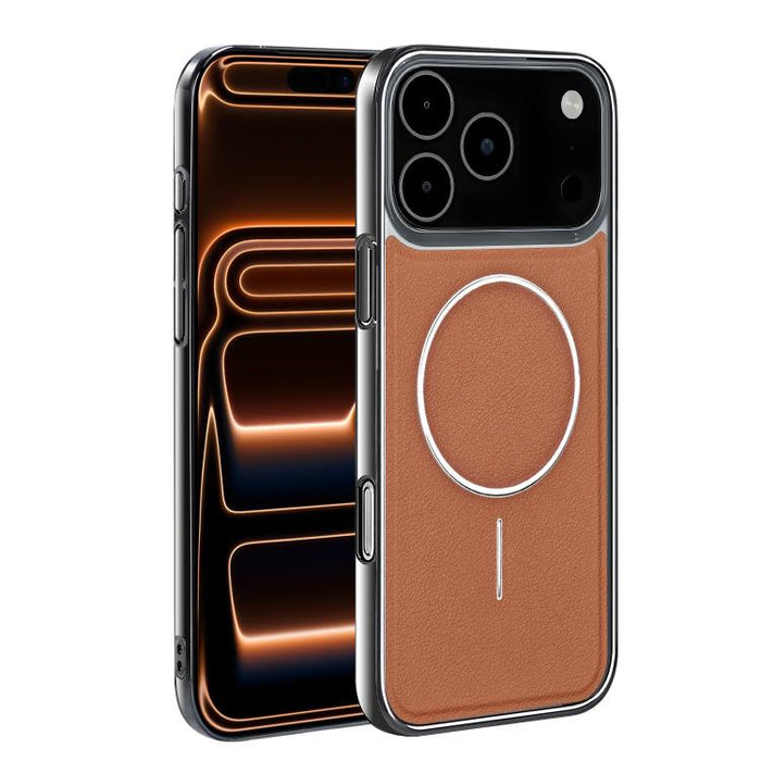 Funda para teléfono magnética a prueba de golpes con marco galvanizado y piel vegana, For iPhone 17 Pro Max, For iPhone 17 Pro, For iPhone 17, For iPhone 16 Pro Max, For iPhone 16 Pro, For iPhone 16 Plus, For iPhone 16, For iPhone 15 Pro Max           ...