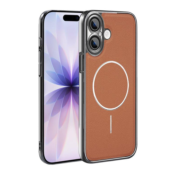 Funda para teléfono magnética a prueba de golpes con marco galvanizado y piel vegana, For iPhone 17 Pro Max, For iPhone 17 Pro, For iPhone 17, For iPhone 16 Pro Max, For iPhone 16 Pro, For iPhone 16 Plus, For iPhone 16, For iPhone 15 Pro Max           ...