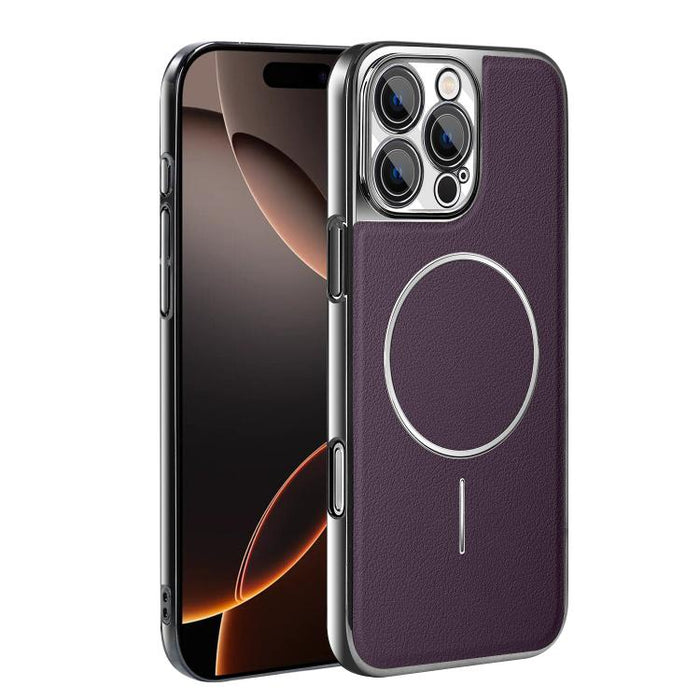 Funda para teléfono magnética a prueba de golpes con marco galvanizado y piel vegana, For iPhone 17 Pro Max, For iPhone 17 Pro, For iPhone 17, For iPhone 16 Pro Max, For iPhone 16 Pro, For iPhone 16 Plus, For iPhone 16, For iPhone 15 Pro Max           ...