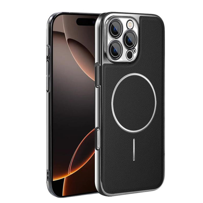 Funda para teléfono magnética a prueba de golpes con marco galvanizado y piel vegana, For iPhone 17 Pro Max, For iPhone 17 Pro, For iPhone 17, For iPhone 16 Pro Max, For iPhone 16 Pro, For iPhone 16 Plus, For iPhone 16, For iPhone 15 Pro Max           ...