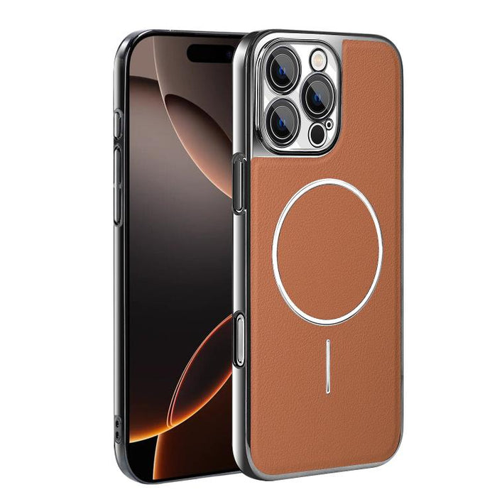 Funda para teléfono magnética a prueba de golpes con marco galvanizado y piel vegana, For iPhone 17 Pro Max, For iPhone 17 Pro, For iPhone 17, For iPhone 16 Pro Max, For iPhone 16 Pro, For iPhone 16 Plus, For iPhone 16, For iPhone 15 Pro Max           ...