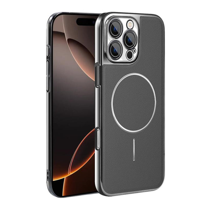 Funda para teléfono magnética a prueba de golpes con marco galvanizado y piel vegana, For iPhone 17 Pro Max, For iPhone 17 Pro, For iPhone 17, For iPhone 16 Pro Max, For iPhone 16 Pro, For iPhone 16 Plus, For iPhone 16, For iPhone 15 Pro Max           ...